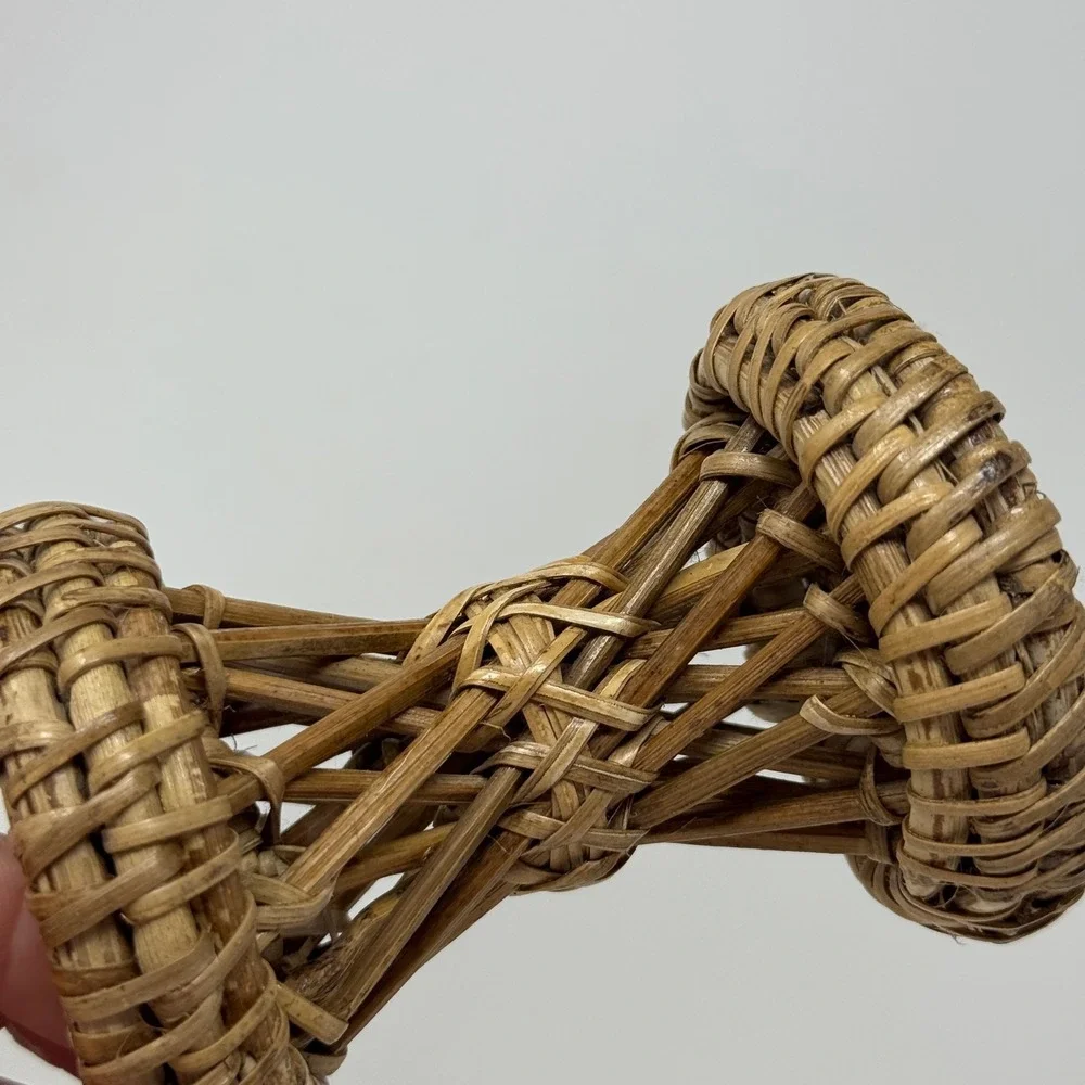 Vintage Miniature Wicker Rattan‎ Hourglass Stool Handle Plant Stand Brown 4.25in